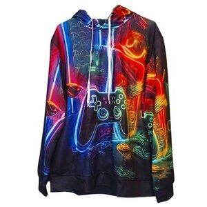 Men's Size L Gamer Print Hooded Sweatshirt w/ Handwarmer Pocket